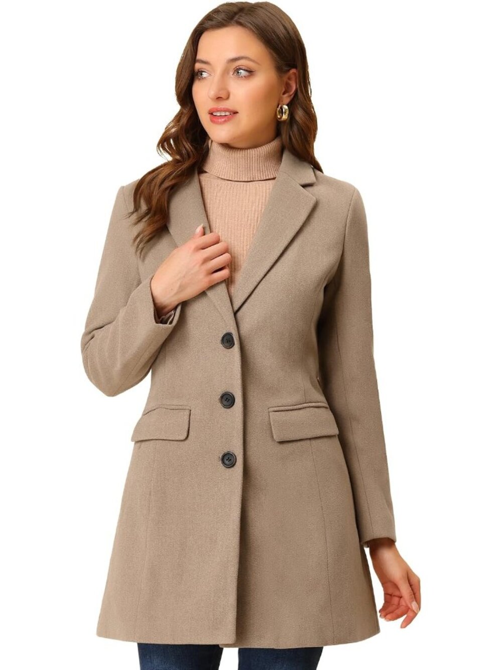 Women's Dark Beige Winter Outerwear A-line Lapel Trendy Outfit Work Trench Coat